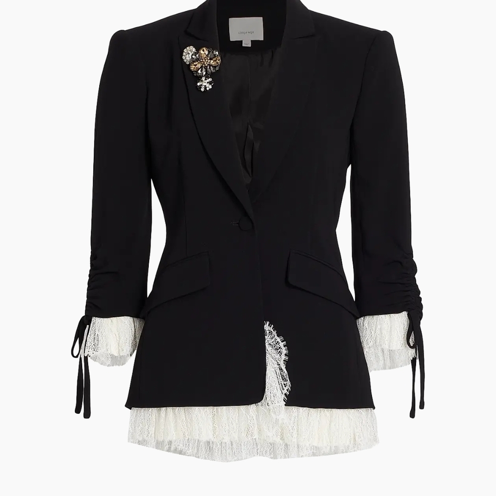 cinq a sept Black Blazer with White Fringe and Brooch - Picture 3 of 5